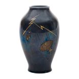 A Japanese Nogawa inlaid bronze vase and two Komai-style inlaid iron dishes: the vase inlaid and