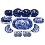 A Copeland blue and white pottery dinner service: transfer printed in the 'Spode's Tower' pattern,