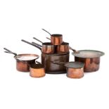 A set of eight 19th century copper graduated saucepans: together with five assorted lids (not all