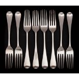 A set of eight George III Old English pattern silver dessert forks,