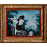 A 19th century Chinese reverse painting on glass: depicting a woman and young child in a garden