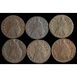 William & Mary and William III, six assorted copper farthings: various dates 1694, 1695, 1696, 1697,