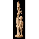 A Japanese carved ivory okimono: depicting a peasant looking at a birds nest on a tree stump,