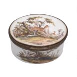 A German porcelain 'jagd' snuff box, probably Meissen: the exterior painted with hunting vignettes,