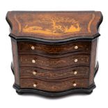 A late 19th century Continental inlaid miniature chest: of serpentine outline,