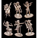 A set of six Continental silver miniature cherub musicians, bears import marks for Berthold Muller,