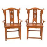 A pair of Chinese carved softwood open armchairs:,