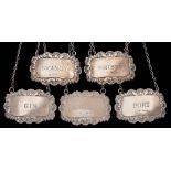 Set of five Elizabeth II silver decanter labels, maker A Chick & Sons Ltd.