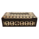 A 19th century sadeli ware work box: with shallow domed hinged lid with allover geometric inlaid