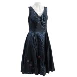 A mid 20th century blue silk cocktail dress:, with pleated bust and iridescent bead work to hem,