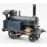 A scratch built live steam 3 inch gauge model 2-2-0 tank locomotive: in blue marked 'LMS' to