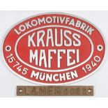 A reproduction German worksplate for 'Krauss Maffei' together with a reproduction brass LNER number