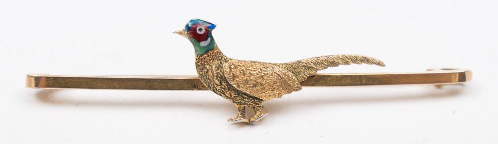 An enamelled pheasant motif bar brooch:, the reverse stamped '9ct',