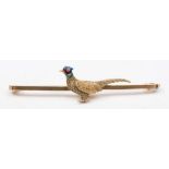 An enamelled pheasant motif bar brooch:, the reverse stamped '9ct',
