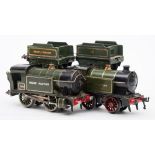 Two Hornby O gauge GWR green 0-4-0 tank locomotives and tenders:, No 5500 and No 6600.