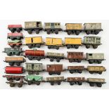 Hornby O gauge a group of goods wagons:, including a lumber wagon, LMS green hopper,