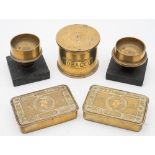 A WWI trench art tobacco tin made from two 18lb shell cases dated 1915: together with a pair of 6lb