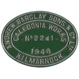 A worksplate for 'Andrew Barclay Sons & Co Ltd Kilmarnock, No 2241 Caledonia Works, 1948':,