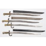 A group of four French 1870 pattern Gras bayonets:, three with steel scabbards, numbered '27075',