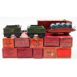 Hornby O gauge, a boxed group of goods wagons:, No 2 Timber Wagon, No 1 Goods Van,
