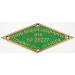 A diamond brass worksplate North British Locomotive Company Ltd, Glasgow, No 26227, 1948:,