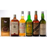 Six bottles of Whisky:, Glendronach, Cutty Sark, Dewar's, Glenlivet, Ballantine's and Logan.