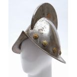 A reproduction Spanish morion helmet:, 20th century with high comb, plume holder,