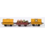 Hornby O gauge, a group of six goods wagons:, two 'Blue Circle' cement wagons,