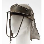 A reproduction English Civil war three-bar lobster pot helmet:.