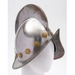 A reproduction Spanish morion helmet:, 20th century with high comb, plume holder,