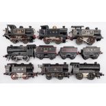 A group of seven Hornby O gauge 0-4-0 tank locomotives in black, LNER, LMS and BR etc:,