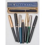 A collection of fountain pens:, including a Parker 61 with gold coloured cap,