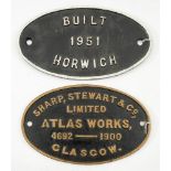 Two oval worksplates:, one in brass for Sharp, Stewart & Co.