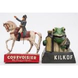 An early 20th century advertising figure for 'Parkinsons Kilkof' of Croakie the frog on a square