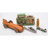 A Chad Valley tinplate Land Speed Record Car in orange:, no motor,