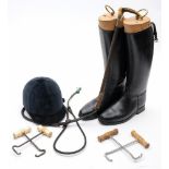 A pair of black leather riding boots by Davies Riding Boots:, with boot trees,