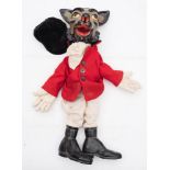 A Pelham style puppet of an anthropomorphic fox wearing hunting pinks:,