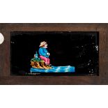 A 19th century hand painted magic lantern glass slipping slide of a man on a riverbank being