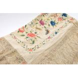 A 19th century lady's cream silk shawl with bird, inset and floral embroidery decoration:,