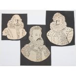 Three early 19th century hand cut coptograph portraits:, of gentlemen in Elizabethan style costume,