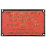 A rectangular brass worksplate Sir W G Armstrong Whitworth & Co (Engineers) Ltd,:,