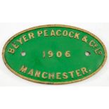 An oval brass worksplate Beyer Peacock & Co Ld, Manchester, 1906:,