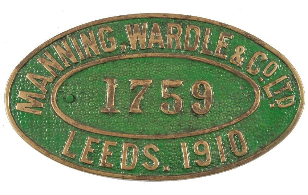 Worksplate 'Manning Wardle & Co. Ltd., Leeds, No 1759, 1910':, oval brass in green, 27.