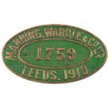 Worksplate 'Manning Wardle & Co. Ltd., Leeds, No 1759, 1910':, oval brass in green, 27.