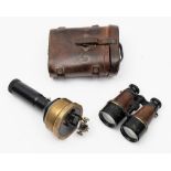 A pair of WWI period binoculars:, brown leather covered tubes with black lacquer finish,