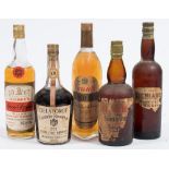 Four vintage bottles of whiskey and a bottle of brandy:, 'Ye Treasure Trove' Scotch,