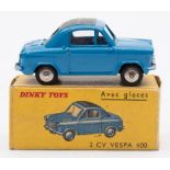French Dinky No 24L 2CV Vespa 400:, blue with dark roof panel silver trim and chrome wheels.