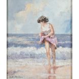 * Nicholas St John Rosse [b.1945]- Girl paddling,:- signed, oil on board, 29 x 24cm.