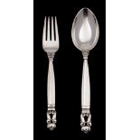 A Georg Jensen Acorn pattern silver spoon and fork: stamped marks, contained in their original case,