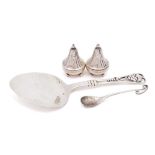 A Georg Jensen silver pastry slice, stamped marks: together with a salt spoon and a pair of salts,